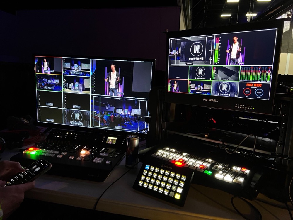 Video control station with a bank of monitors showing camera feeds